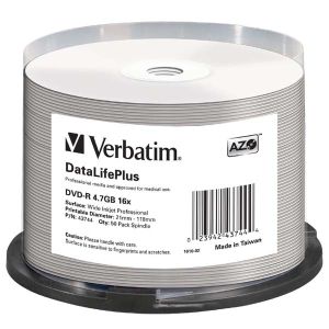 Verbatim DVD-R, DataLifePlus Wide Inkjetr Printable, 43744, 4.7GB, 16X, cake box, 50-pack, 12cm, pre archiváciu dát