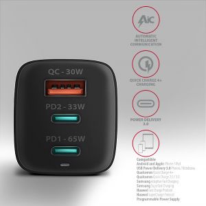 AXAGON ACU-DPQ65, GaN nabíjačka do siete 65W, 3x port (USB-A + dual USB-C), PD3.0/QC4+/PPS/Apple ACU-DPQ65