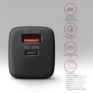 AXAGON ACU-PQ20 nabíjačka do siete 20W, 2x port (USB-A + USB-C), PD3.0/PPS/QC4+/AFC/Apple, čierna ACU-PQ20