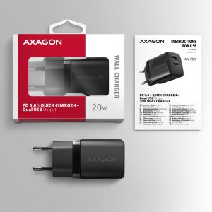 AXAGON ACU-PQ20 nabíjačka do siete 20W, 2x port (USB-A + USB-C), PD3.0/PPS/QC4+/AFC/Apple, čierna ACU-PQ20