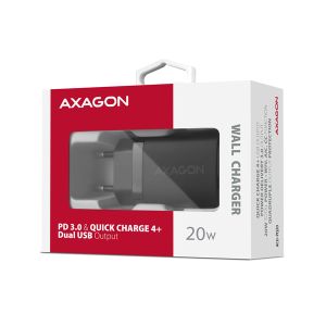 AXAGON ACU-PQ20 nabíjačka do siete 20W, 2x port (USB-A + USB-C), PD3.0/PPS/QC4+/AFC/Apple, čierna ACU-PQ20