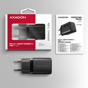 AXAGON ACU-PD20, nabíjačka do siete 20W, 1x port USB-C, PD3.0/PPS/QC4+/AFC/Apple, čierna ACU-PD20