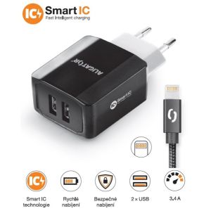 Múdra sieťová nabíjačka ALIGATOR 3.4A, 2xUSB, smart IC, čierna, kabel pre iPhone/iPad 2A CHS0001