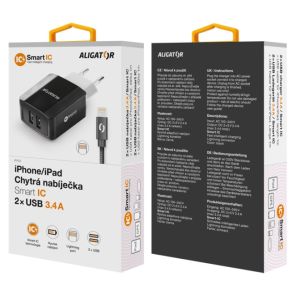 Múdra sieťová nabíjačka ALIGATOR 3.4A, 2xUSB, smart IC, čierna, kabel pre iPhone/iPad 2A CHS0001