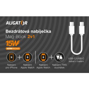 Bezdrôtová nabíjačka ALIGATOR Mag-Book 2v1, určené pre MagSafe a nabíjanie Apple Watch, 15W, biela AMS02WT