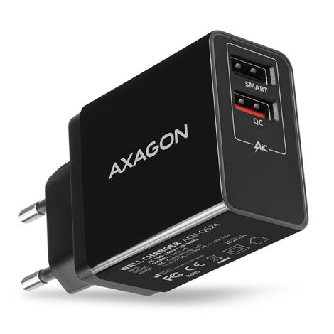 AXAGON ACU-QS24, QC & SMART nabíjačka do siete 24W, 2x USB-A port, QC3.0/AFC/FCP + 5V/1.2A ACU-QS24