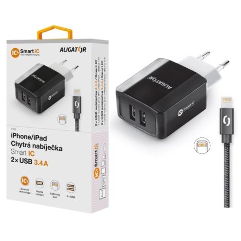 Múdra sieťová nabíjačka ALIGATOR 3.4A, 2xUSB, smart IC, čierna, kabel pre iPhone/iPad 2A CHS0001