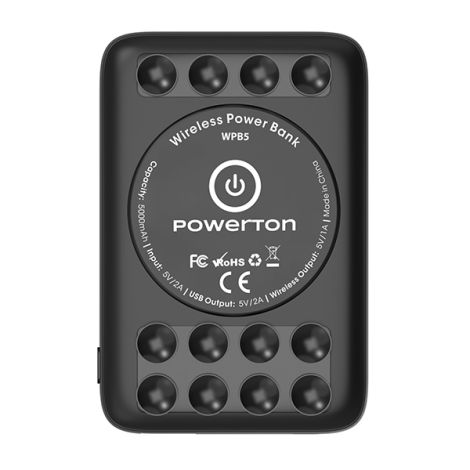 Powerton, power banka s bezdrôtovým nabíjaním, Li-Pol, 5V, nabíjanie telefónov/tabletov, WBP5, 5000mAh, prísavky pre priľnutie k