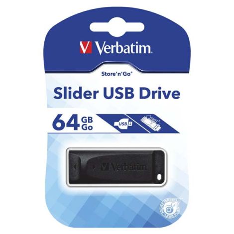 Verbatim USB flash disk, USB 2.0, 64GB, Slider, čierny, 98698, USB A, s výsuvným konektorom