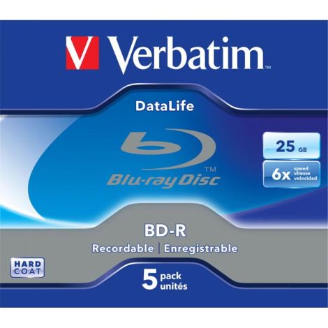 Verbatim BD-R, Datalife, 25GB, jewel box, 43836, 6x, 5-pack