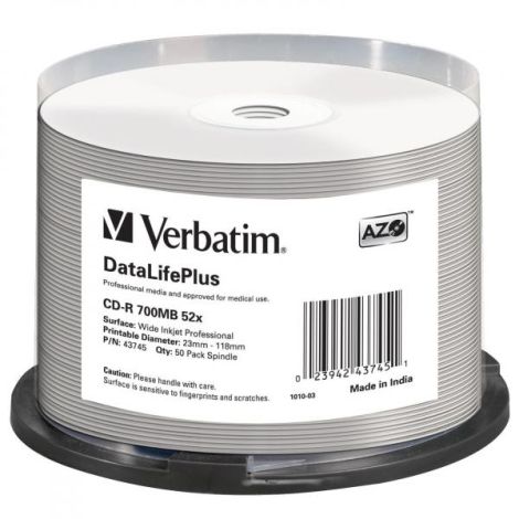 Verbatim CD-R, 43745, DataLifePlus Wide Inkjet Printable, 50-pack, 700MB, 52X, 80min., 12cm, spindle, pre archiváciu dát