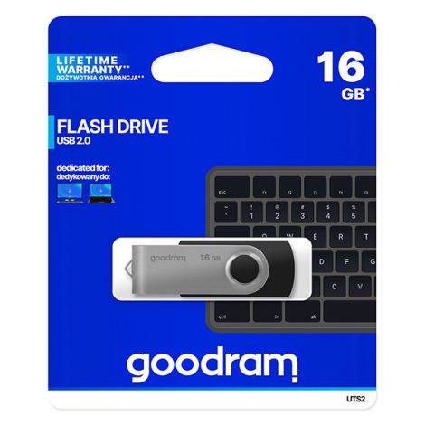 Goodram USB flash disk, USB 2.0, 16GB, UTS2, čierny, UTS2-0160K0R11, USB A, s otočnou krytkou